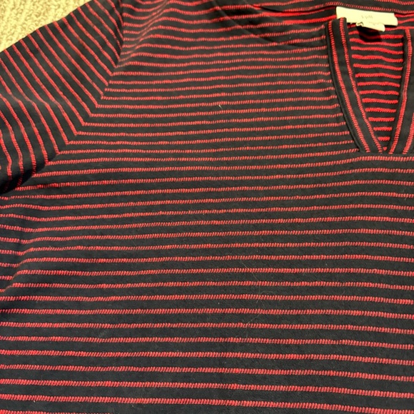J. Jill Navy and Red Striped Jacquard Split Neck Top Slight Puff Sleeve Size M - Picture 2 of 10